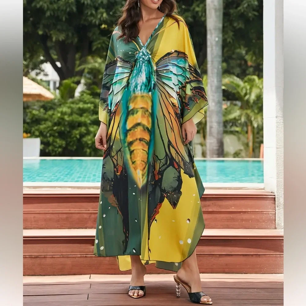 CELEBRATE YELLOW DRAGNFLY MIX BOHO S-4XL LOUNGE COVERUP ROBE RESORT DRES… - Picture 6 of 8